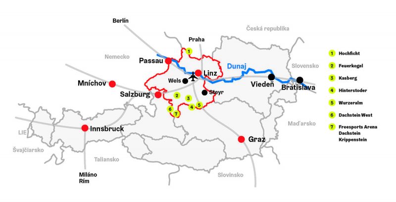 Mapa lyžiarskych stredísk v Hornom Rakúsku